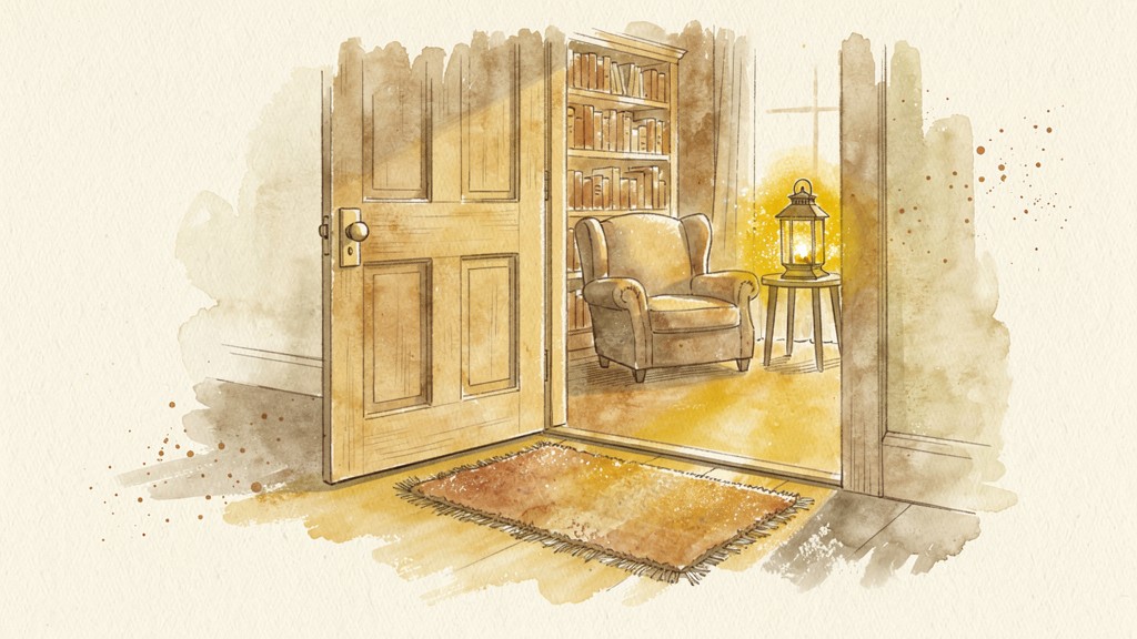 Watercolor of a plain open door with a warm, furnished room glowing beyond it