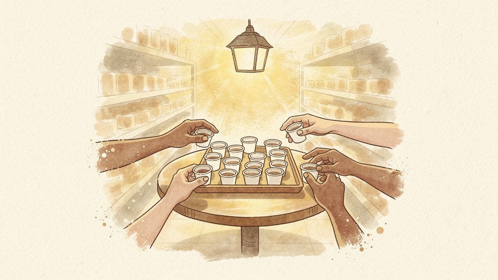 Watercolor of hands reaching from every side for free sample cups on a small table in a store aisle